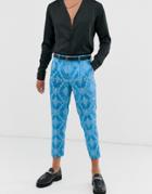 Asos Edition Slim Cropped Suit Pants In Blue Tonal Jacquard