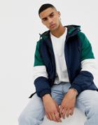 Bershka Color Block Hooded Jacket With Padding-blue