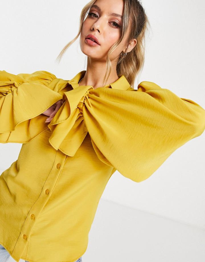 Asos Design Volume Sleeved Soft Shirt With Tie Cuffs In Honey-yellow