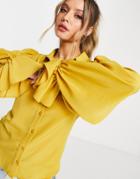Asos Design Volume Sleeved Soft Shirt With Tie Cuffs In Honey-yellow