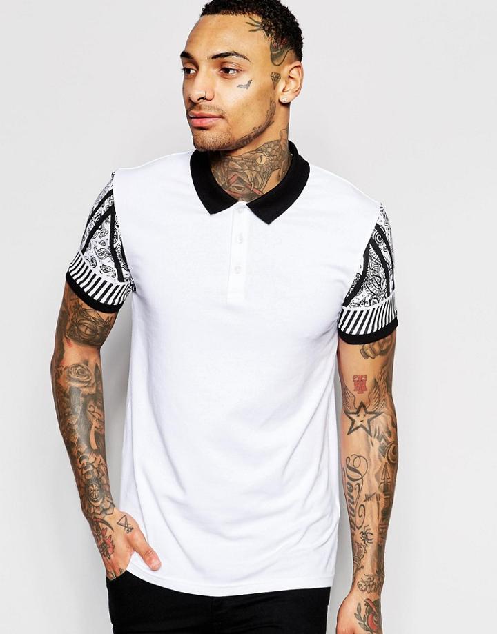 Asos Muscle Jersey Polo With Paisley Sleeve Print - White