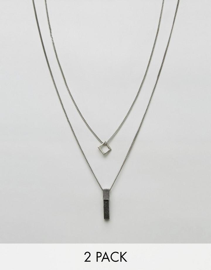 Icon Brand Square & Stone Pendant Necklaces In 2 Pack - Silver
