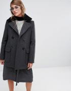 Gloverall Reefer Coat With Real Shearling Collar - Gray