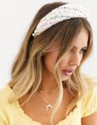 Asos Design Padded Headband In Pink Boucle With Pearl Embellishment