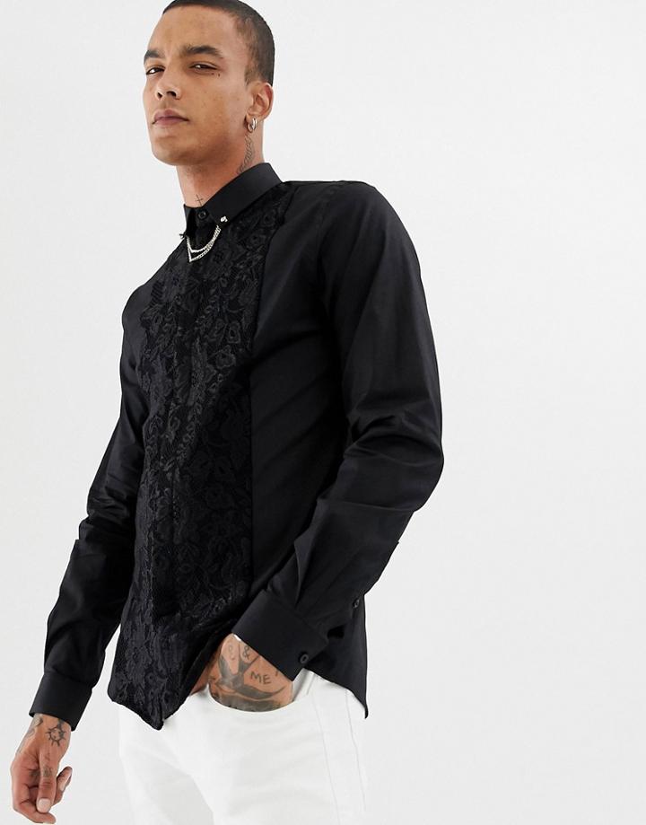 Twisted Tailor Skinny Fit Shirt With Lace Panel And Collar Chain - Black