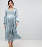 Little Mistress Maternity Wrap Front Midi Dress With Lace Pleated Skirt - Blue