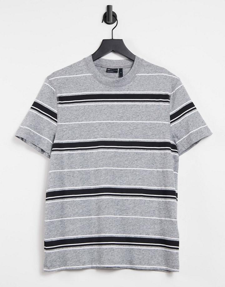 Asos Design Organic Horizontal Striped T-shirt In Black & Gray Heather With Seam Detail