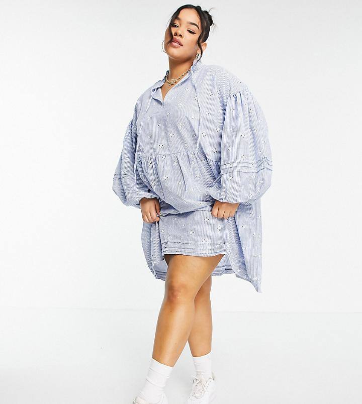 Asos Design Curve Pintuck Mini Smock Dress In Blue Stripe Embroidery-multi