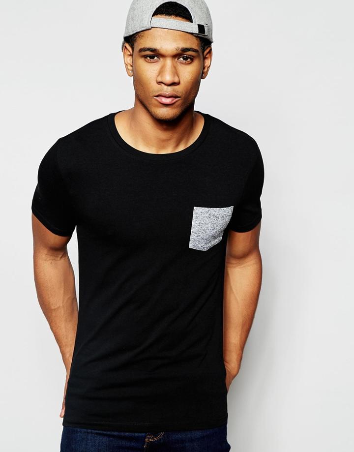 Asos Muscle T-shirt With Contrast Pocket And Back In Gray Nep - Black