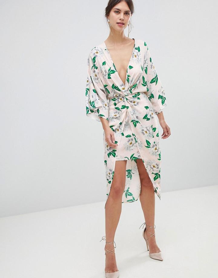 Asos Design Pretty Floral Satin Kimono Midi Dress-multi
