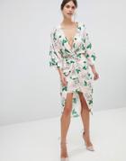Asos Design Pretty Floral Satin Kimono Midi Dress-multi