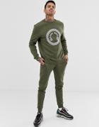 Asos Design Tracksuit Sweatshirt / Skinny Sweatpants With Chest Print In Khaki-green