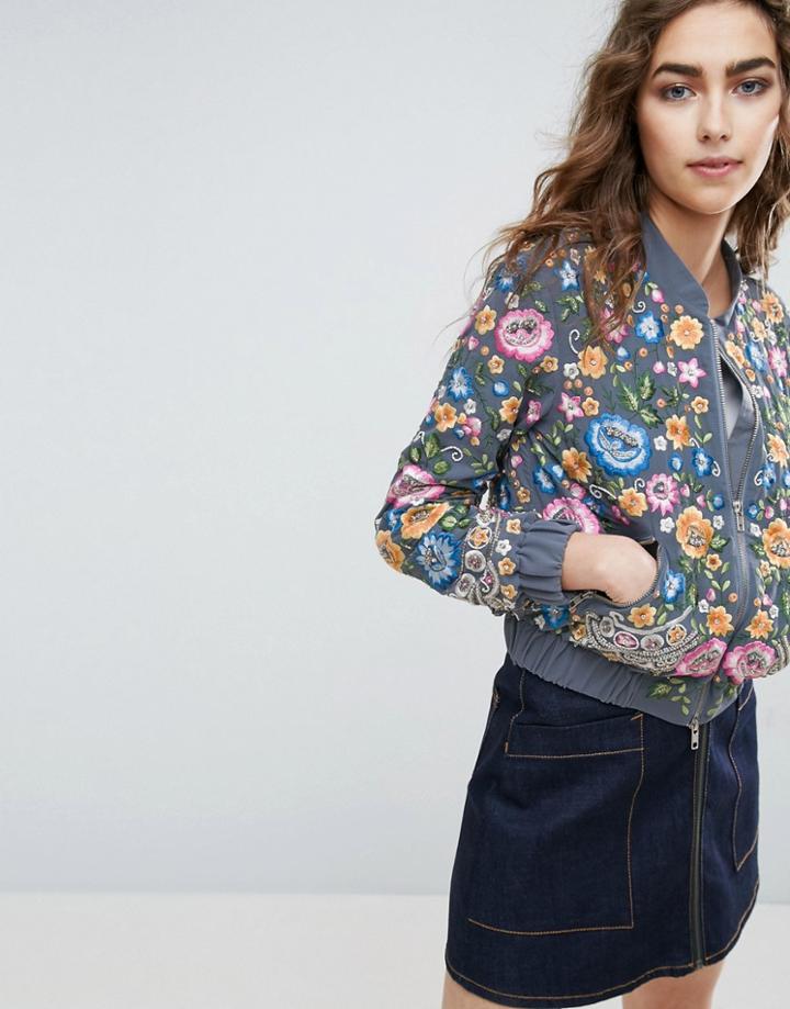 Needle And Thread Floral Embroidered Bomber Jacket - Blue