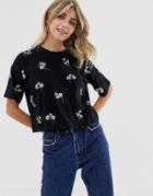 Asos Design Boxy T-shirt With All Over Ditsy Embroidery - Black