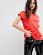 Asos T-shirt In Boyfriend Fit With Rolled Sleeve And Curved Hem - Red