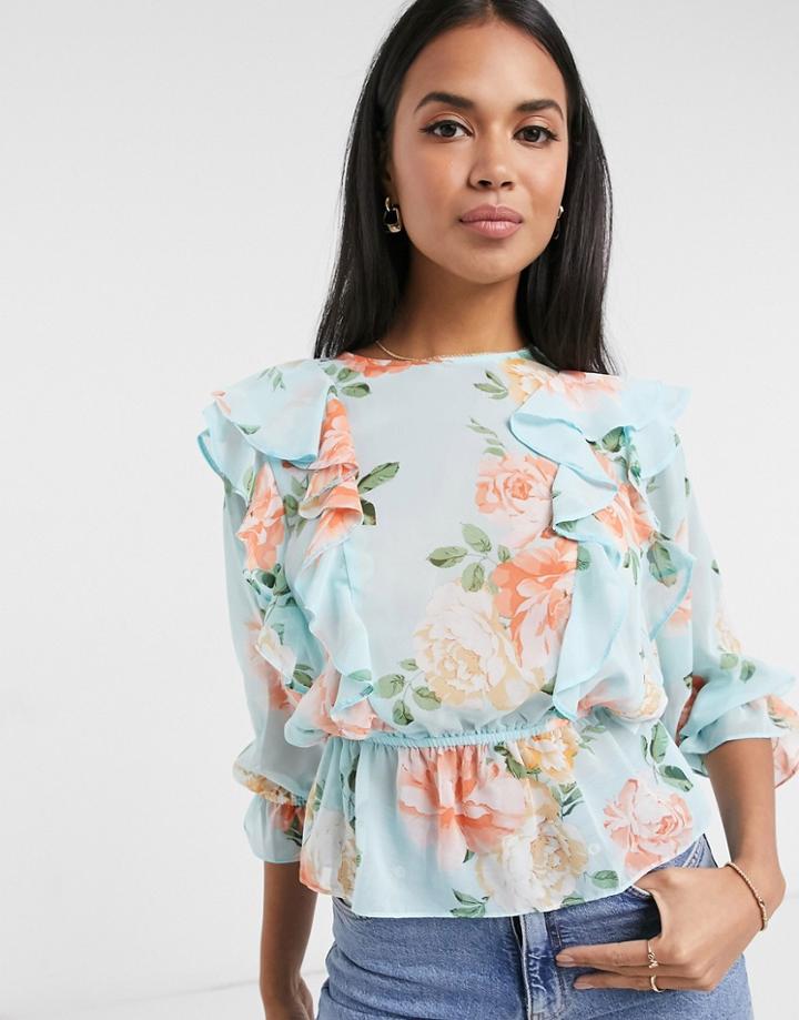 River Island Floral Print Frill Blouse In Blue-blues