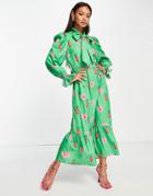 Never Fully Dressed Heart Print Smock Maxi Dress In Emerald Green
