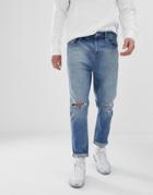 Asos Design Carrot Fit Jeans In Light Wash Blue With Heavy Rips - Blue