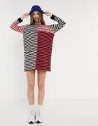 Asos Design Oversized T-shirt Dress With Long Sleeve In Red Cut About Stripe