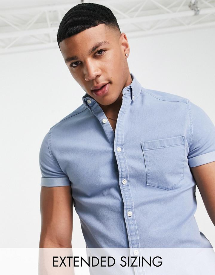 Asos Design Stretch Slim Denim Shirt In Light Wash Blue