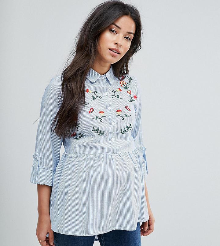 New Look Maternity Embroidered Peplum Shirt - Blue