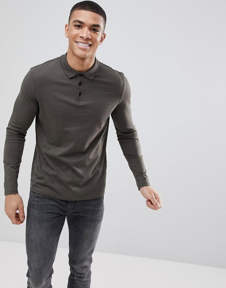 Asos Design Long Sleeve Jersey Polo In Green - Green
