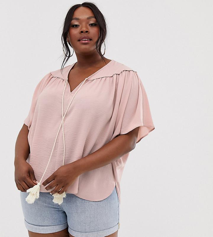 Asos Design Curve Smock Top With Rope Tie-pink