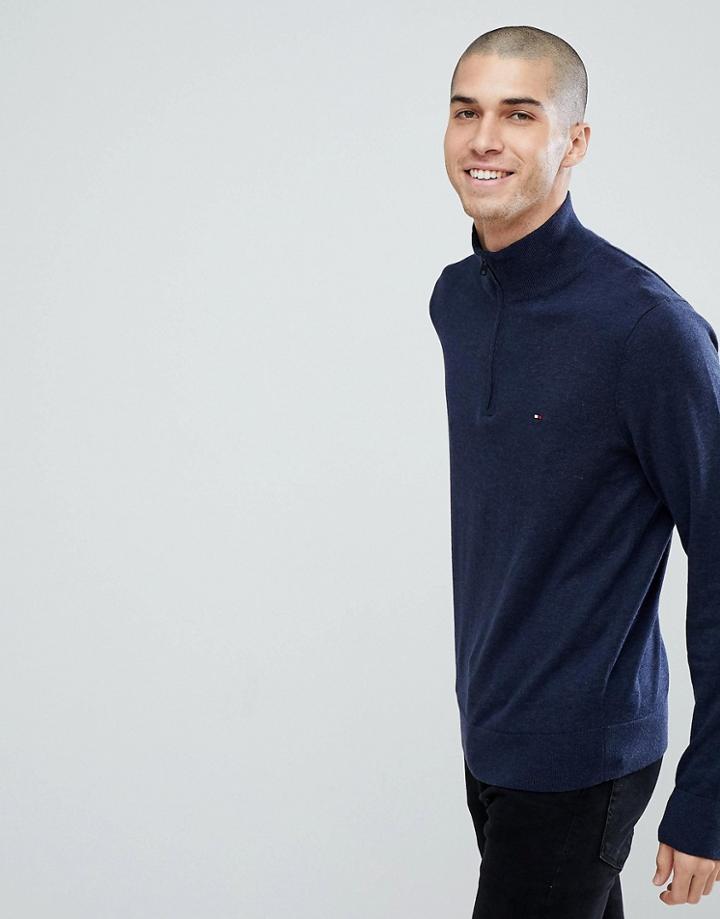 Tommy Hilfiger Half Zip Knit Sweater Plaited Cotton Silk In Navy - Navy