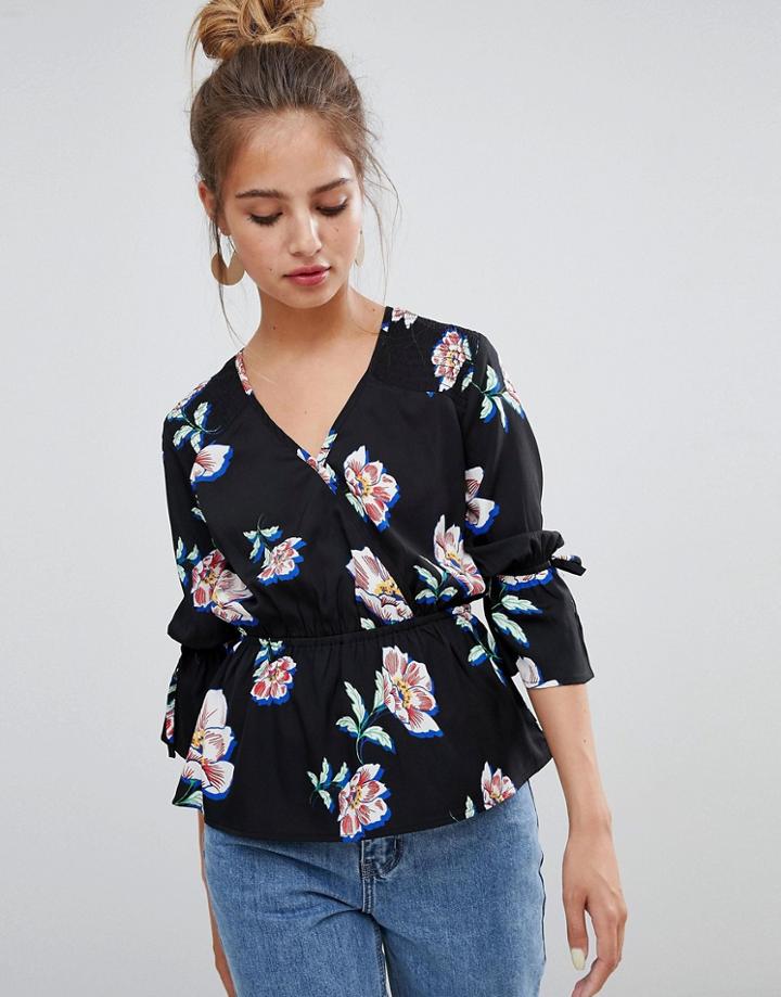 Influence Floral Print Wrap Blouse - Black