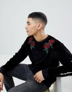 Boohooman Sweat With Floral Embroidery In Black Velvet - Black