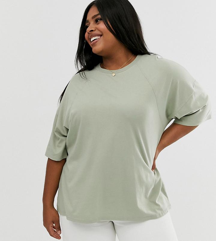 Asos Design Curve Super Oversized T-shirt With Seam Detail In Sage-beige