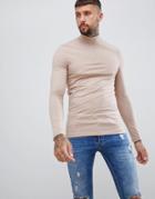 Asos Design Zip Neck Muscle Fit T-shirt With Long Sleeves In Beige - Beige