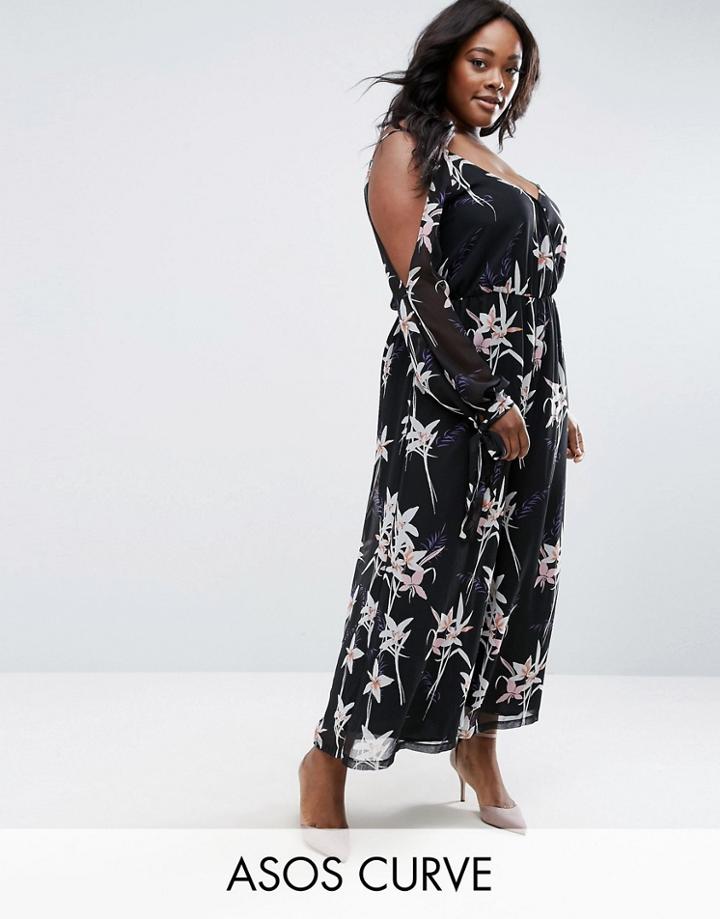Asos Curve Jumpsuit With Cold Shoulder In Dark Floral Print - Multi