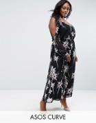 Asos Curve Jumpsuit With Cold Shoulder In Dark Floral Print - Multi