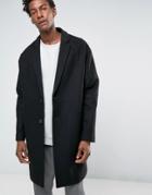 Asos Wool Mix Overcoat With Drop Shoulder In Black - Black