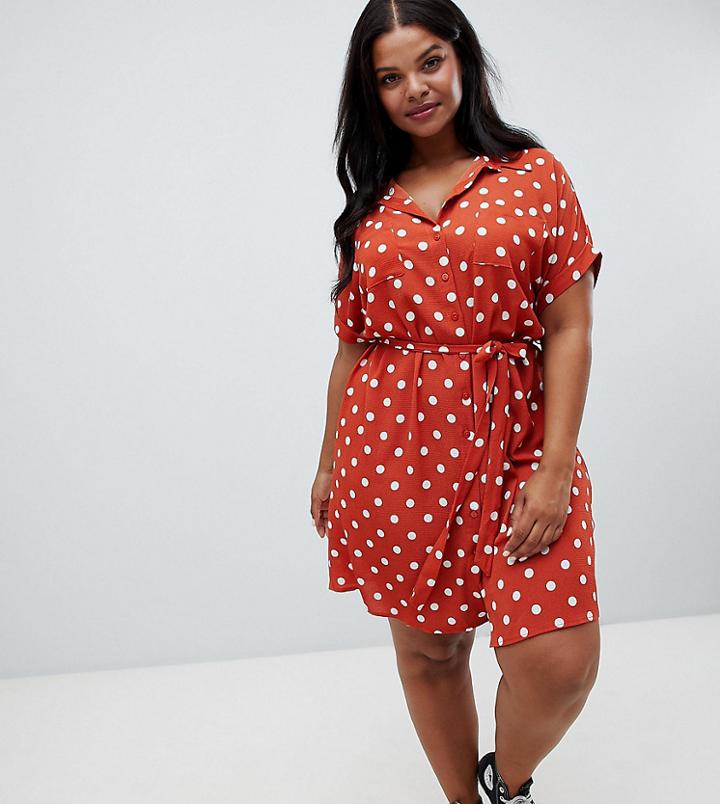 New Look Curve Polka Dot Shirt Dress - Brown