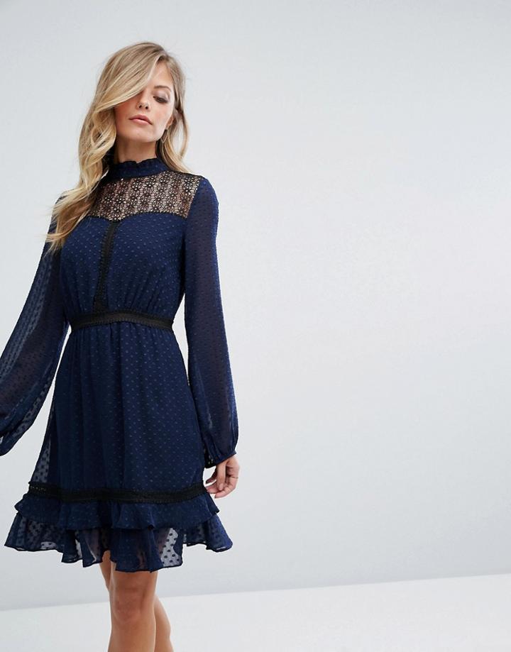 Dark Pink Lace Long Sleeve Skater Dress - Navy