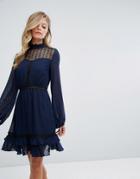Dark Pink Lace Long Sleeve Skater Dress - Navy