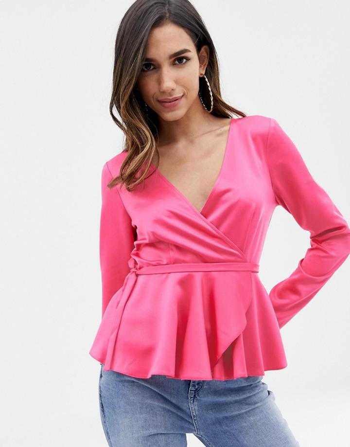 Asos Design Wrap Long Sleeve Top In Satin With Pephem-pink