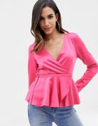 Asos Design Wrap Long Sleeve Top In Satin With Pephem-pink