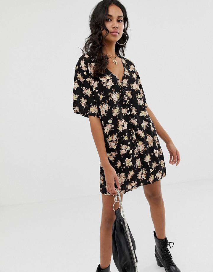 Motel Mini Button Front Dress In Floral-black
