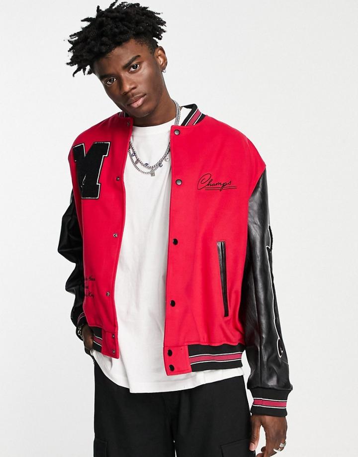 Asos Design Oversized Varsity Bomber Jacket In Pink With Black Faux Leather Sleeves