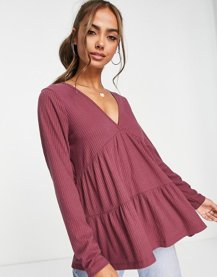 Asos Design Rib Smock Top With Long Sleeve In Aubergine-purple