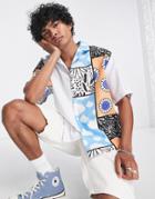 Asos Design Boxy Oversized Revere Shirt In Patchwork Cloud And Stripe Print-white