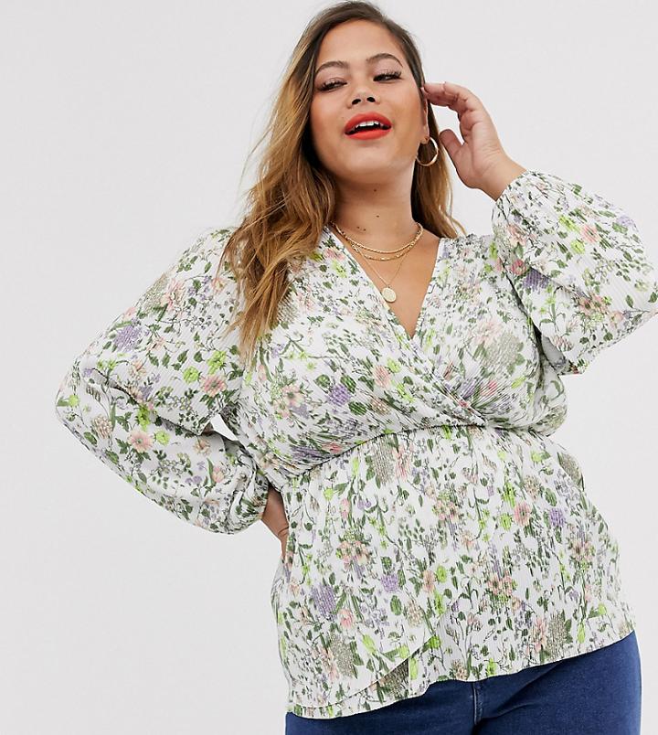 Asos Design Curve Plisse Assymetric Wrap Top In Light Floral Print-multi
