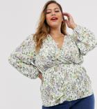 Asos Design Curve Plisse Assymetric Wrap Top In Light Floral Print-multi