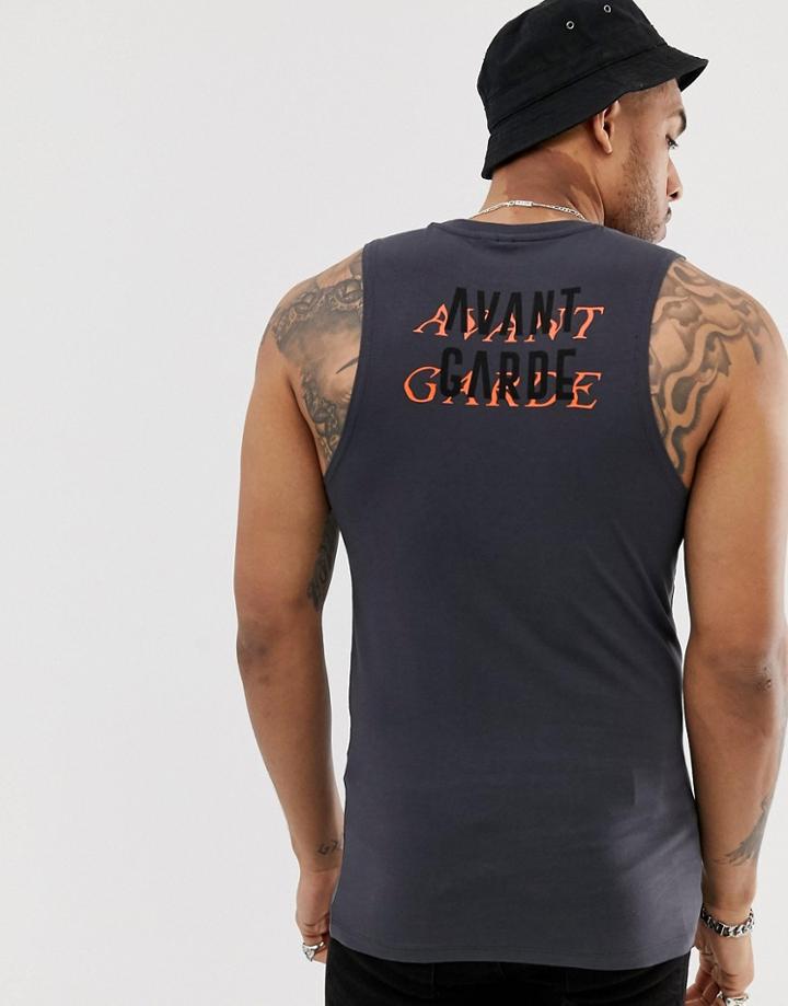 Asos Design Organic Cotton Muscle Tank Tank With Avant Garde Back Print-black