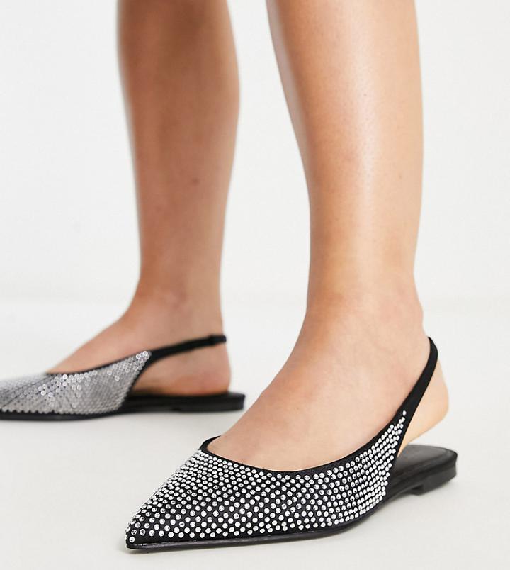 Asos Design Wide Fit Lala Pointed Slingback Flats In Black/silver Diamante