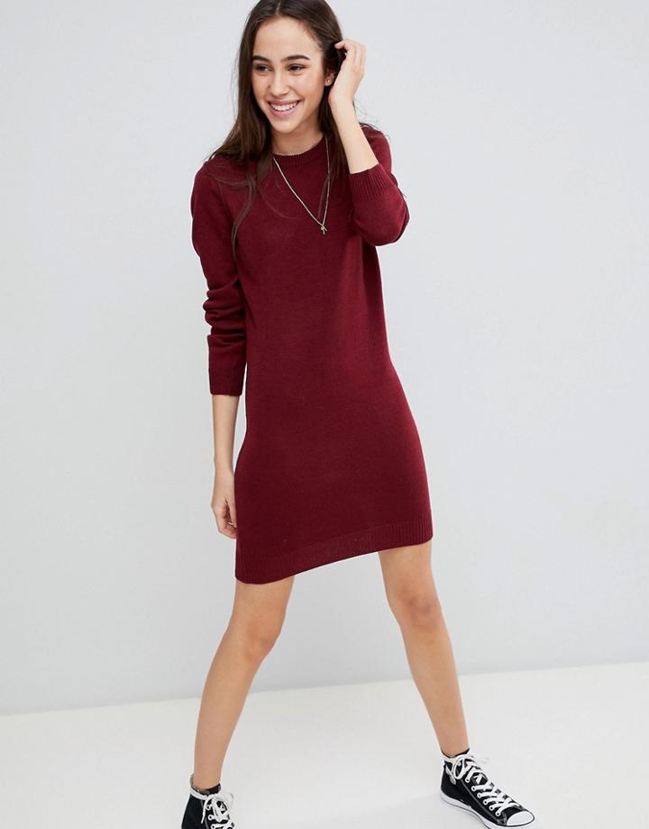 Brave Soul Grungy Round Neck Sweater Dress - Red