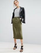 Asos Twill Midi Skirt With Pockets - Green